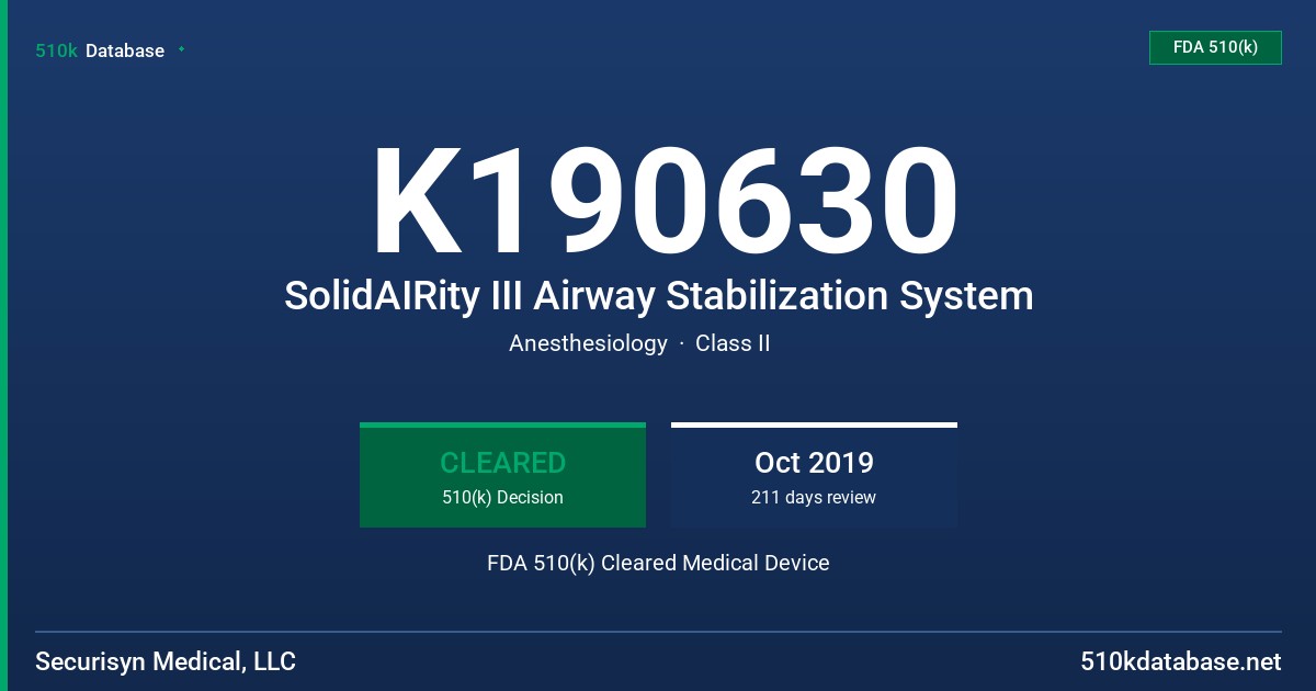 K190630 SolidAIRity III Airway Stabilization System FDA 510(k) Cleared Medical Device