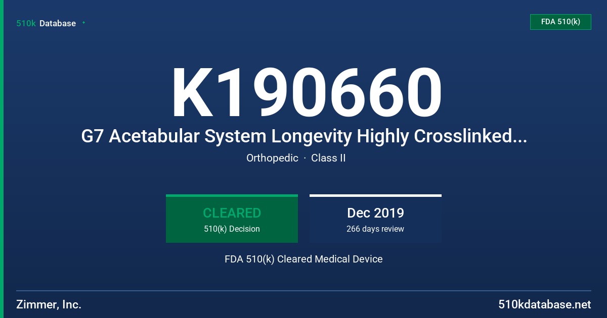 K190660 G7 Acetabular System Longevity Highly Crosslinked Polyethylene, G7 Acetabular System Vivacit-E Vitamin E Highly Crosslinked Polyethylene FDA 510(k) Cleared Medical Device