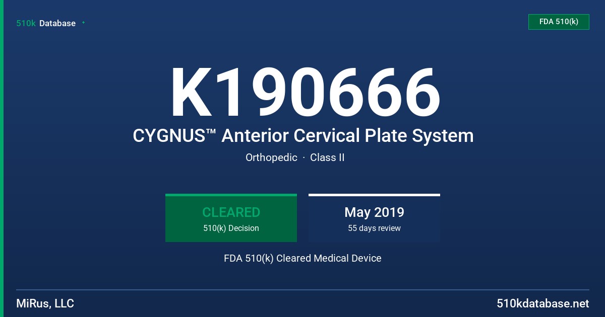 K190666 CYGNUS™ Anterior Cervical Plate System FDA 510(k) Cleared Medical Device