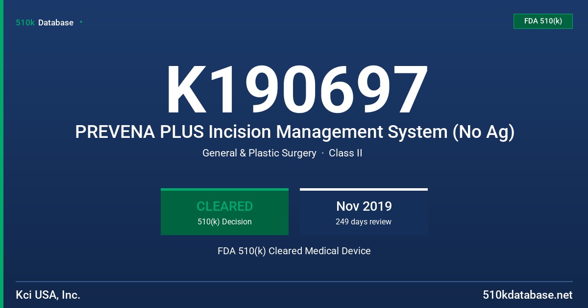 K190697 PREVENA PLUS Incision Management System (No Ag) FDA 510(k) Cleared Medical Device