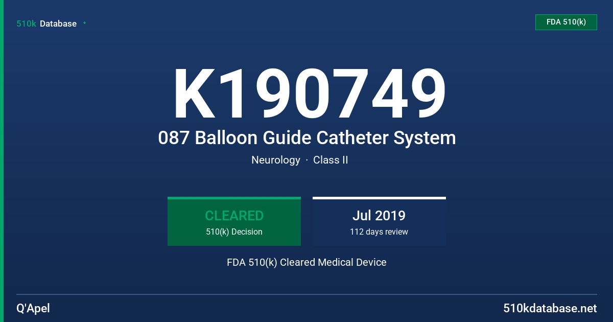 K190749 087 Balloon Guide Catheter System FDA 510(k) Cleared Medical Device