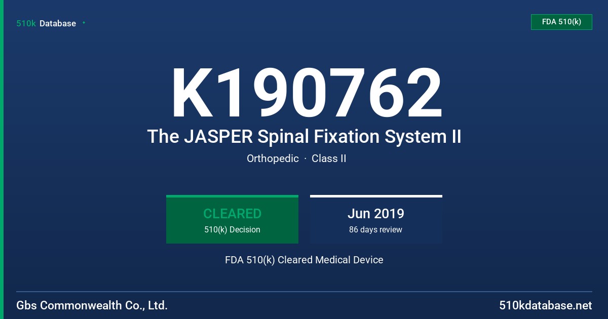 K190762 The JASPER Spinal Fixation System II FDA 510(k) Cleared Medical Device
