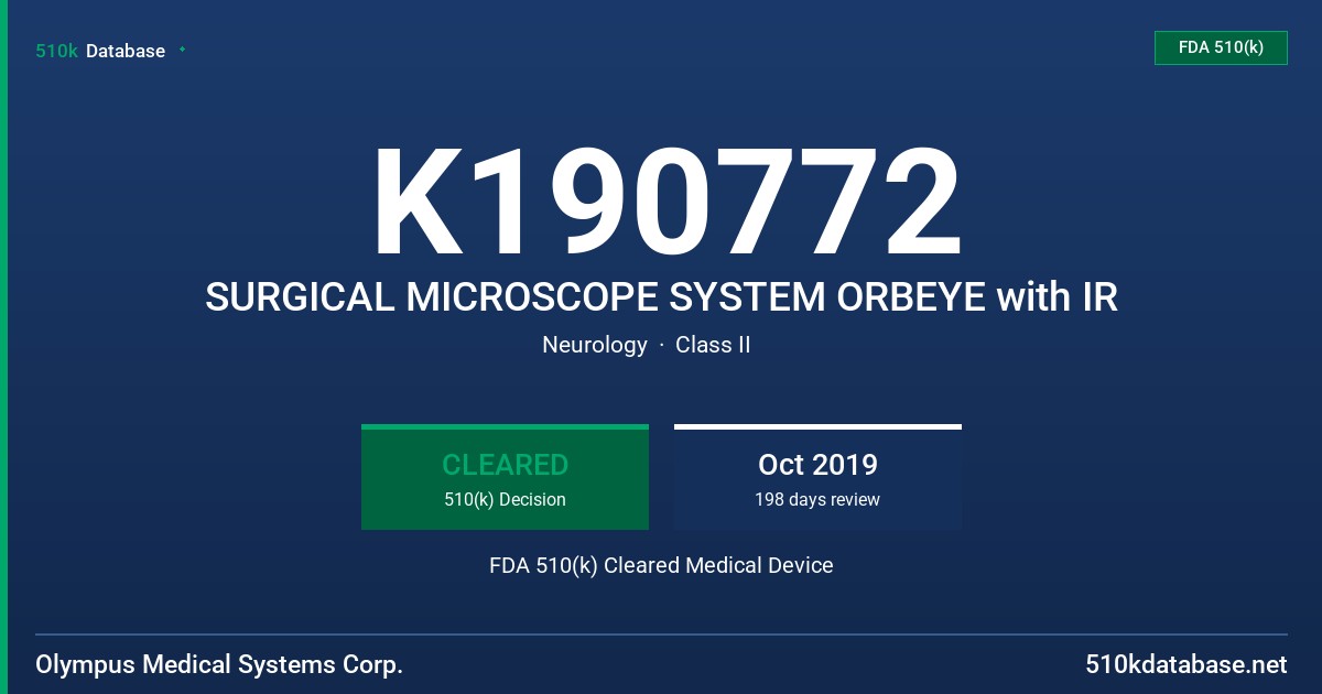 K190772 SURGICAL MICROSCOPE SYSTEM ORBEYE with IR FDA 510(k) Cleared Medical Device