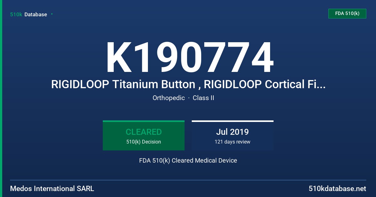 K190774 RIGIDLOOP Titanium Button , RIGIDLOOP Cortical Fixation System XL Implant FDA 510(k) Cleared Medical Device