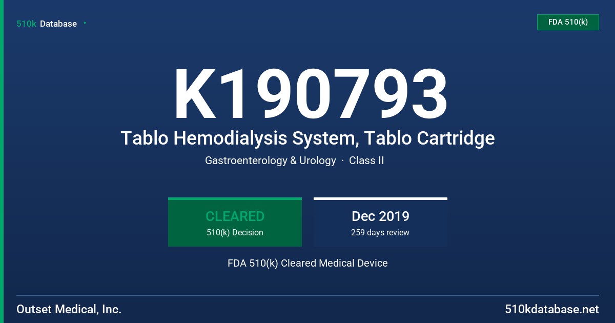 K190793 Tablo Hemodialysis System, Tablo Cartridge FDA 510(k) Cleared Medical Device