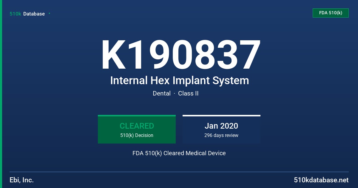 K190837 Internal Hex Implant System FDA 510(k) Cleared Medical Device