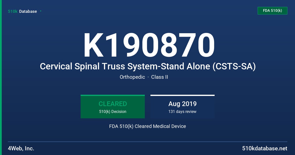 K190870 Cervical Spinal Truss System-Stand Alone (CSTS-SA) FDA 510(k) Cleared Medical Device