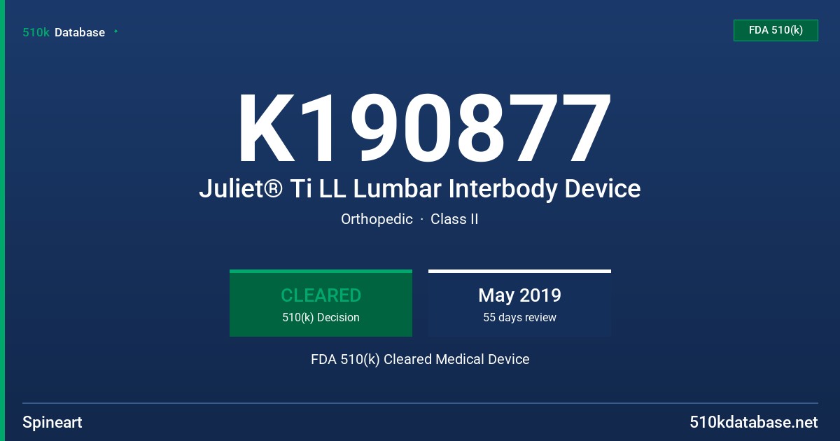 K190877 Juliet® Ti LL Lumbar Interbody Device FDA 510(k) Cleared Medical Device