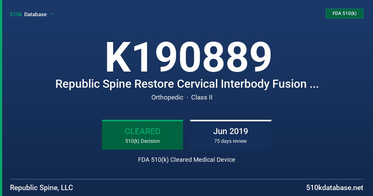 K190889 Republic Spine Restore Cervical Interbody Fusion System FDA 510(k) Cleared Medical Device