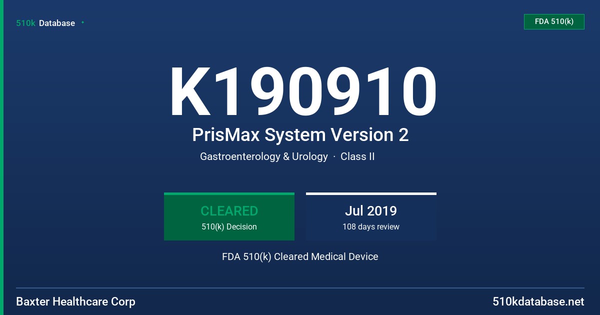 K190910 PrisMax System Version 2 FDA 510(k) Cleared Medical Device