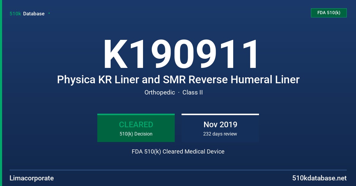 K190911 Physica KR Liner and SMR Reverse Humeral Liner FDA 510(k) Cleared Medical Device