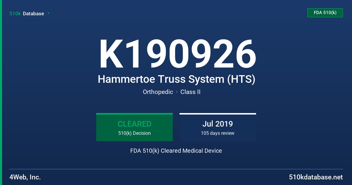 K190926 Hammertoe Truss System (HTS) FDA 510(k) Cleared Medical Device