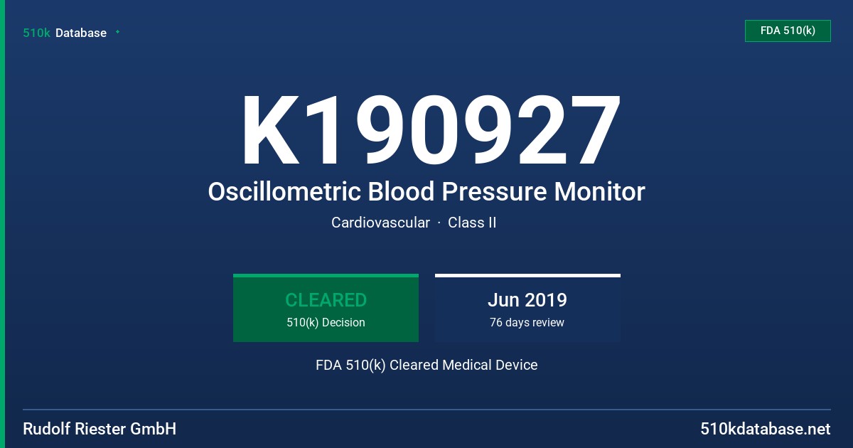 K190927 Oscillometric Blood Pressure Monitor FDA 510(k) Cleared Medical Device