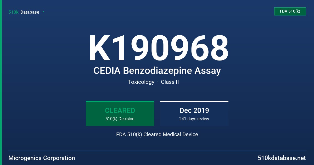 K190968 CEDIA Benzodiazepine Assay FDA 510(k) Cleared Medical Device