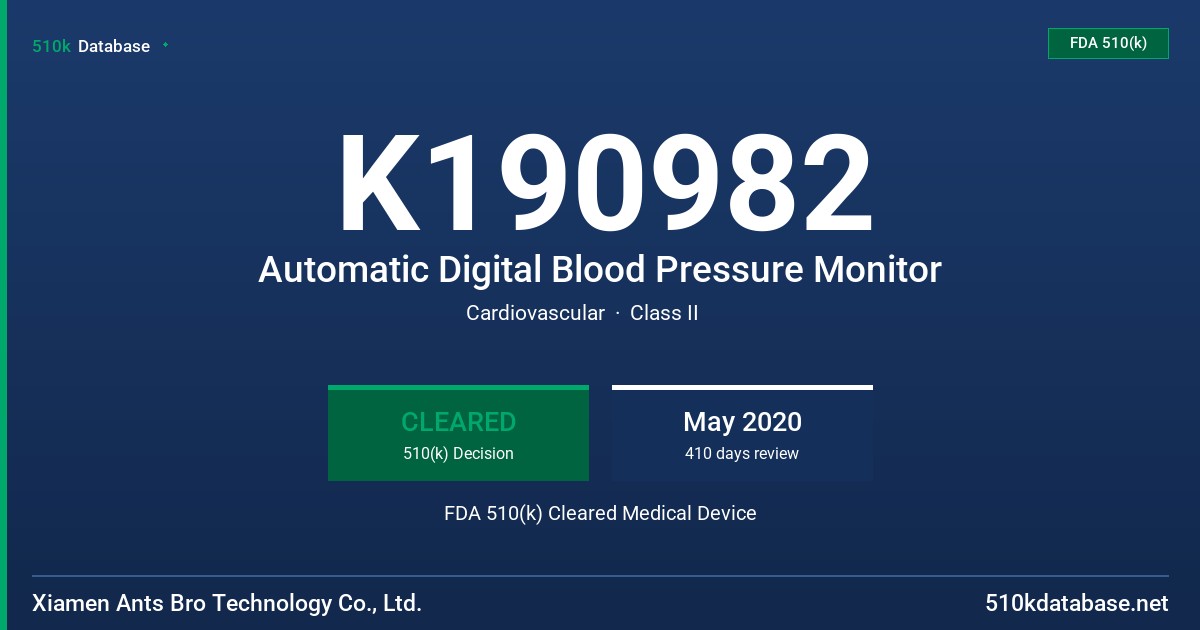 K190982 Automatic Digital Blood Pressure Monitor FDA 510(k) Cleared Medical Device