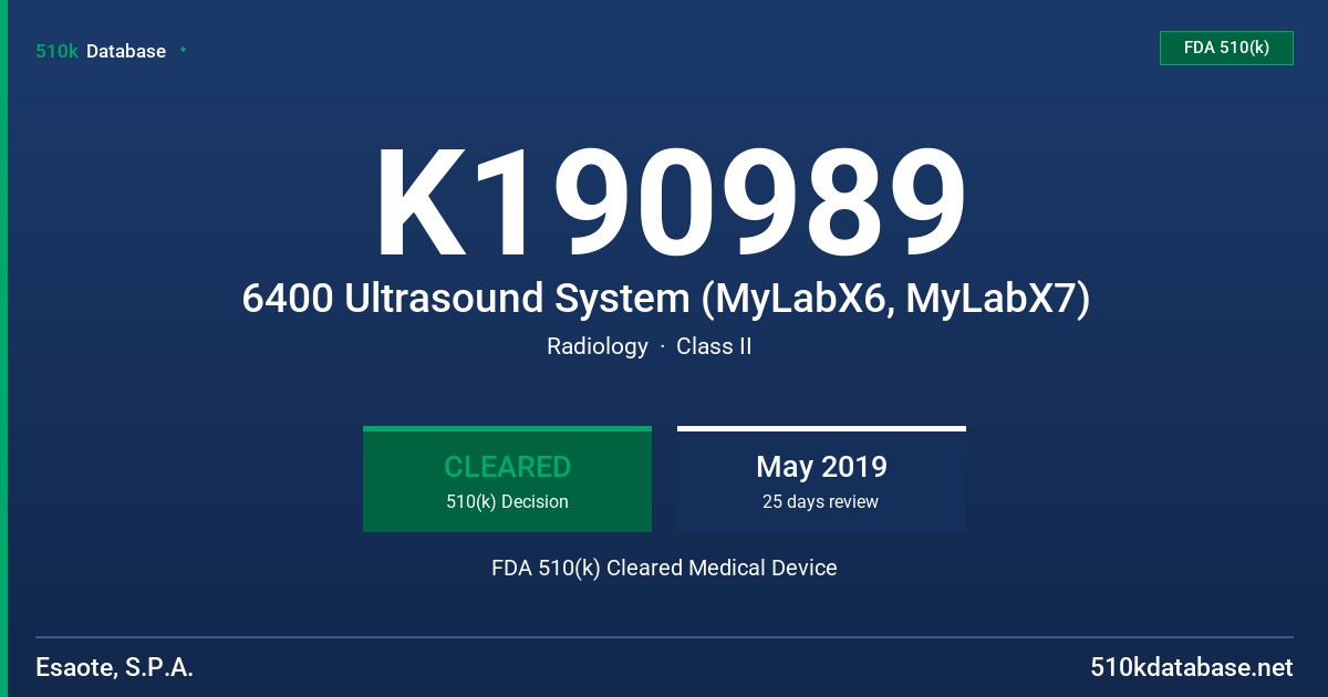 K190989 6400 Ultrasound System (MyLabX6, MyLabX7) FDA 510(k) Cleared Medical Device