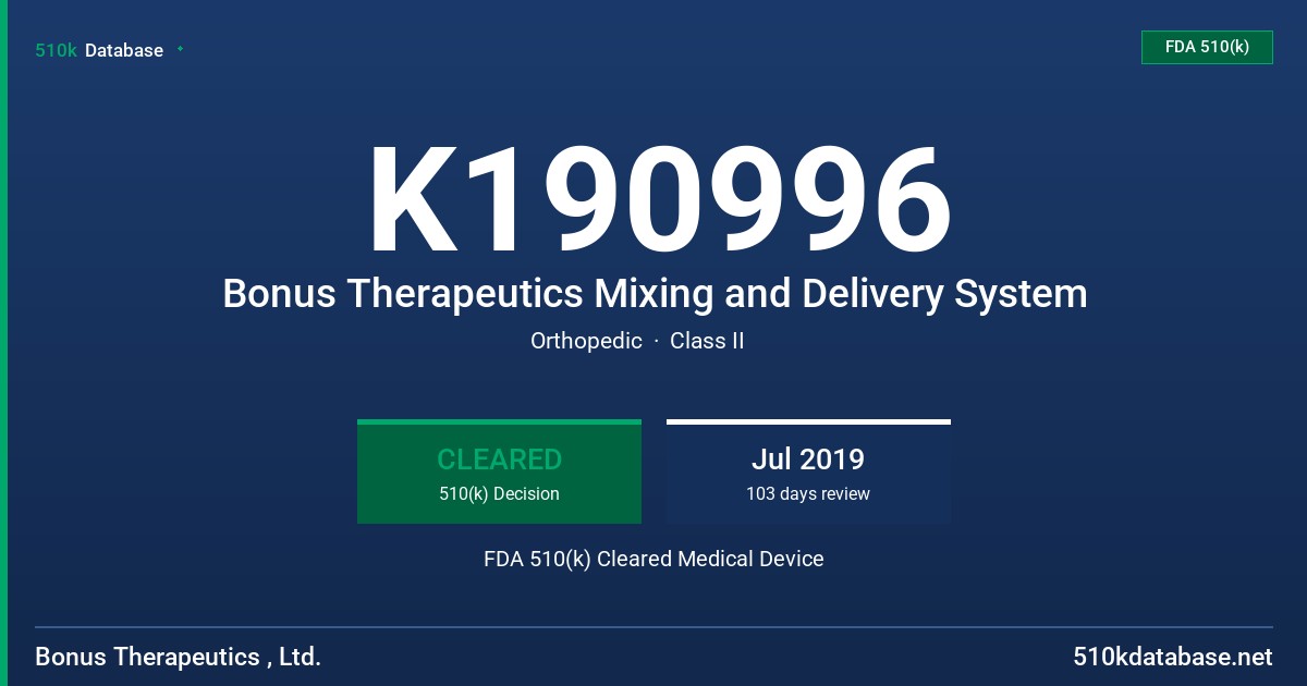 K190996 Bonus Therapeutics Mixing and Delivery System FDA 510(k) Cleared Medical Device