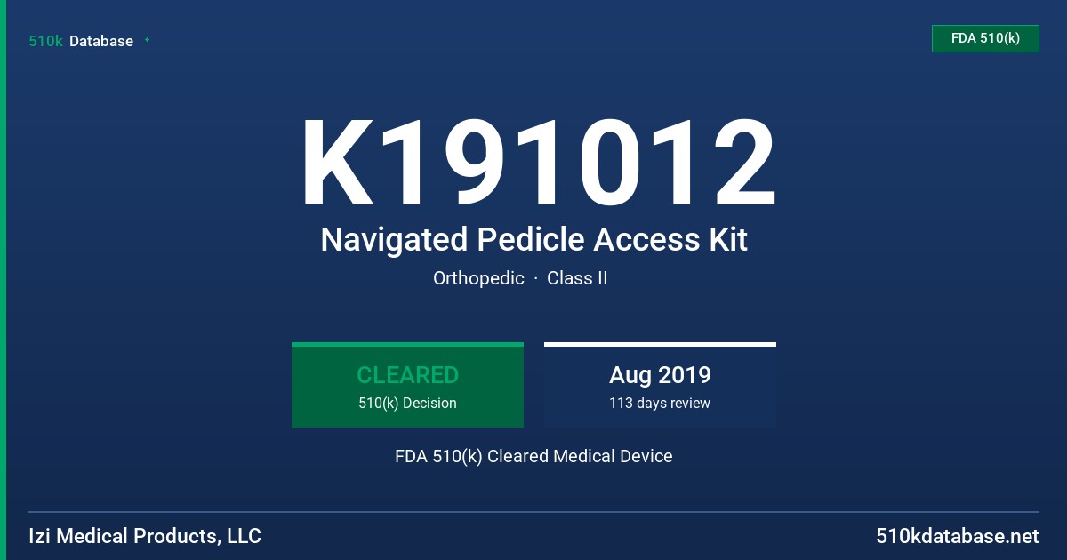 K191012 Navigated Pedicle Access Kit FDA 510(k) Cleared Medical Device