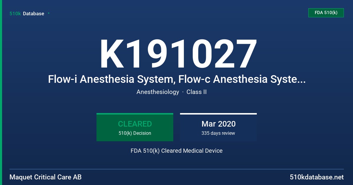 K191027 Flow-i Anesthesia System, Flow-c Anesthesia System, Flow-e Anesthesia System FDA 510(k) Cleared Medical Device