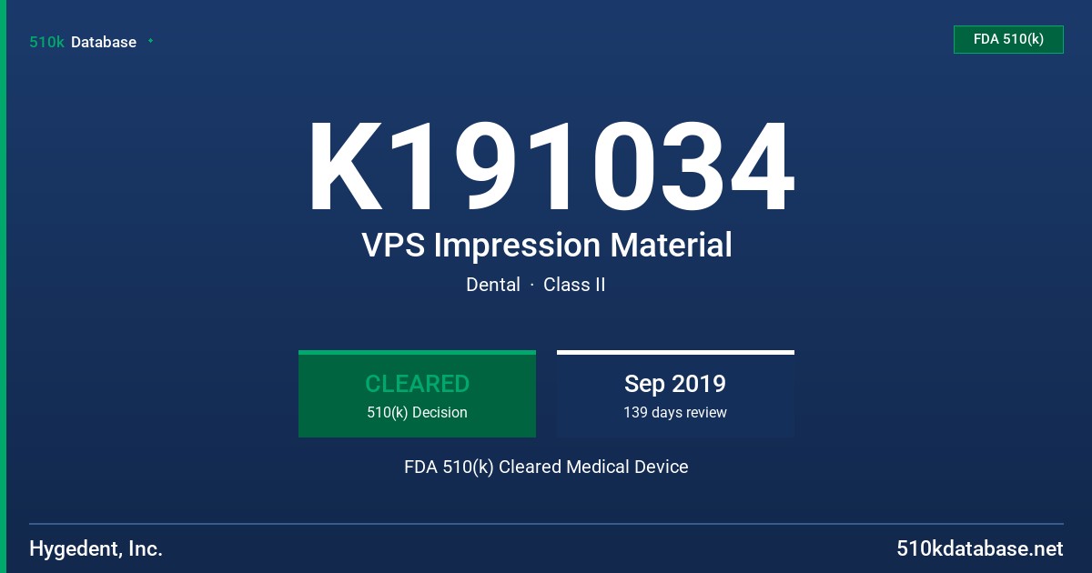 K191034 VPS Impression Material FDA 510(k) Cleared Medical Device