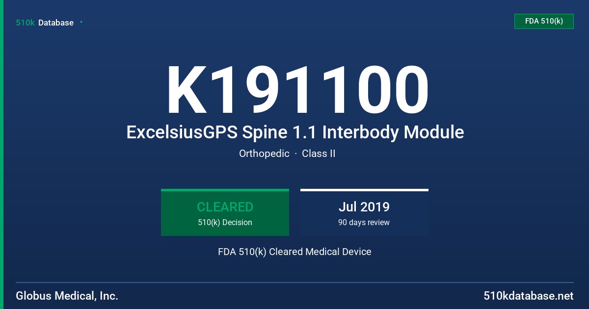 K191100 ExcelsiusGPS Spine 1.1 Interbody Module FDA 510(k) Cleared Medical Device