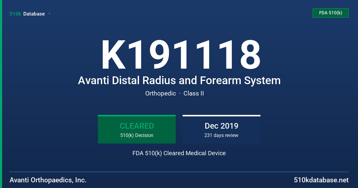 K191118 Avanti Distal Radius and Forearm System FDA 510(k) Cleared Medical Device