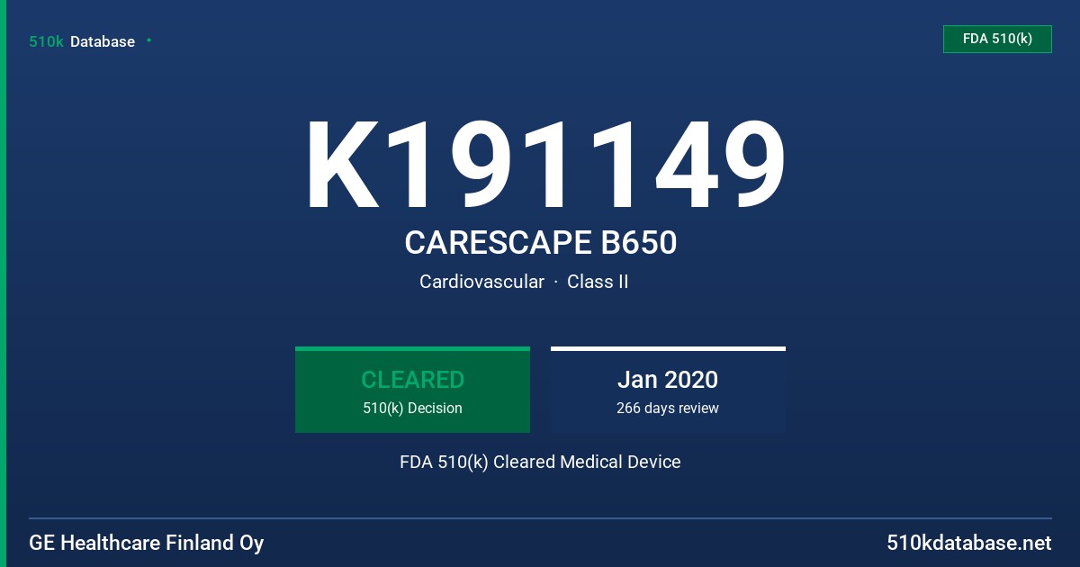 K191149 CARESCAPE B650 FDA 510(k) Cleared Medical Device