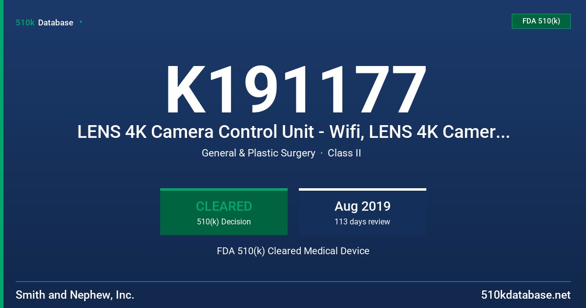 K191177 LENS 4K Camera Control Unit - Wifi, LENS 4K Camera Control Unit - Non-Wifi, LENS 4K Camera Head FDA 510(k) Cleared Medical Device