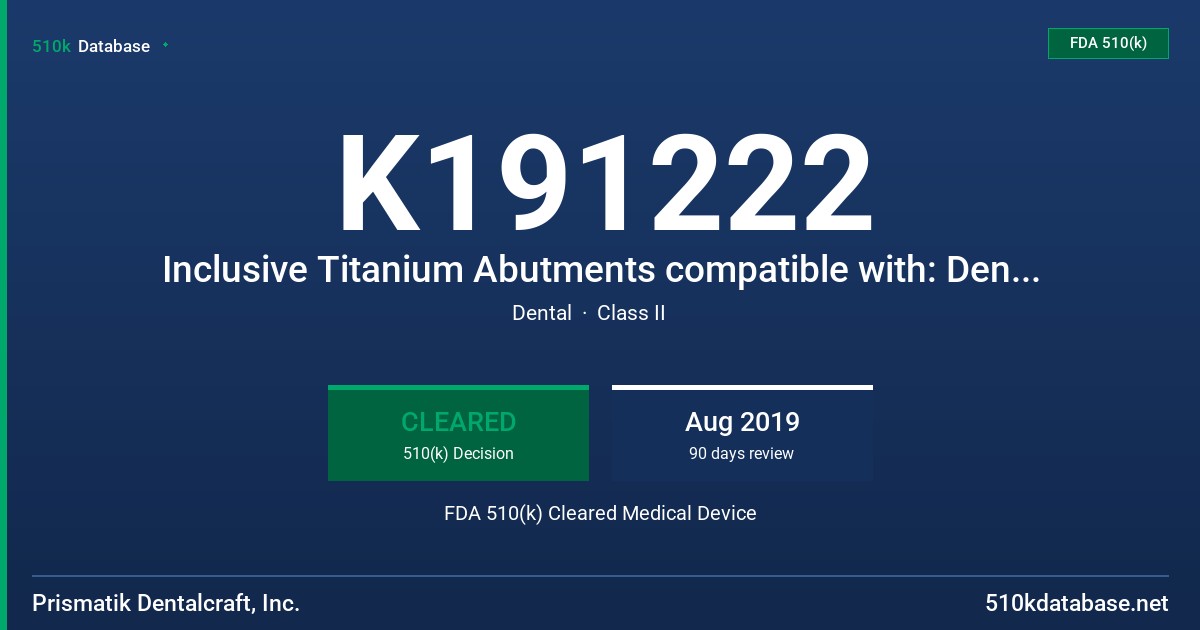 K191222 Inclusive Titanium Abutments compatible with: Dentsply Implants Astra Tech Implant System EV FDA 510(k) Cleared Medical Device