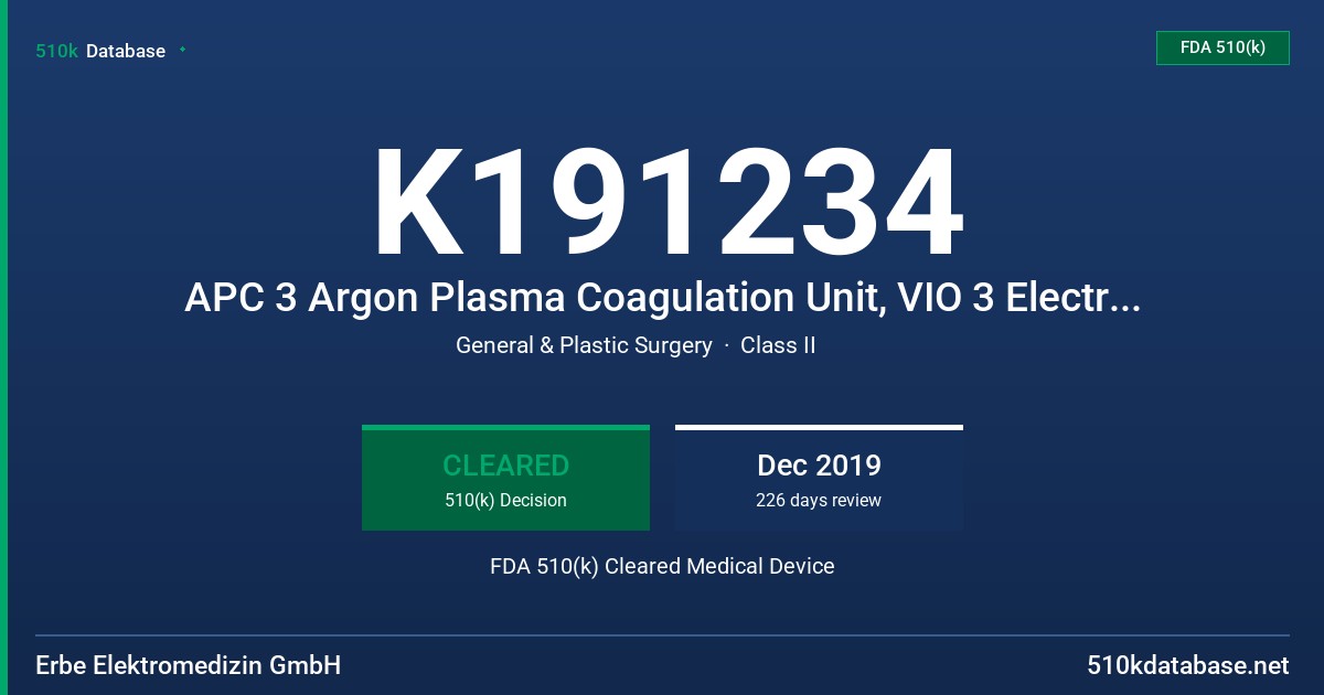 K191234 APC 3 Argon Plasma Coagulation Unit, VIO 3 Electrosurgical Unit, FiAPC probes, Hybrid APC, APCapplicators, APC Pressure Reducer with Sensor, VIO Cart, Fastening sets FDA 510(k) Cleared Medical Device