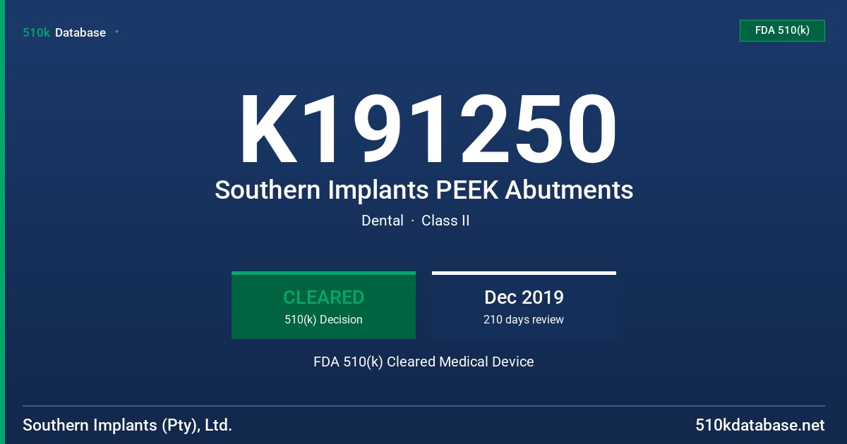K191250 Southern Implants PEEK Abutments FDA 510(k) Cleared Medical Device