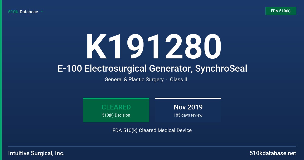 K191280 E-100 Electrosurgical Generator, SynchroSeal FDA 510(k) Cleared Medical Device
