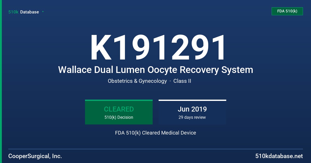 K191291 Wallace Dual Lumen Oocyte Recovery System FDA 510(k) Cleared Medical Device