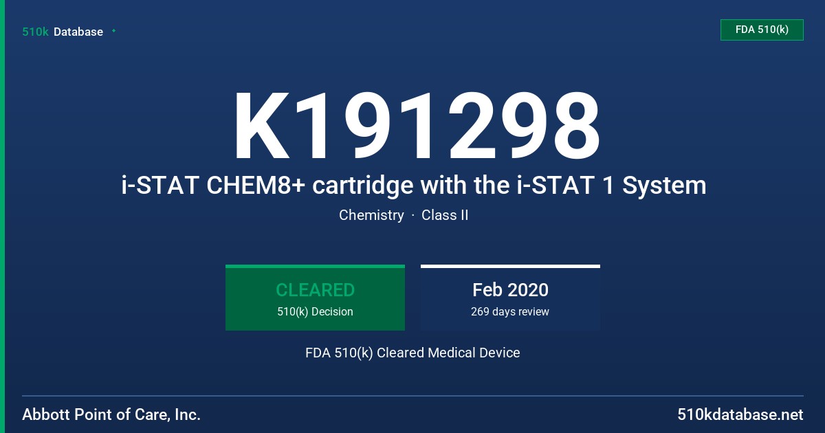 K191298 i-STAT CHEM8+ cartridge with the i-STAT 1 System FDA 510(k) Cleared Medical Device