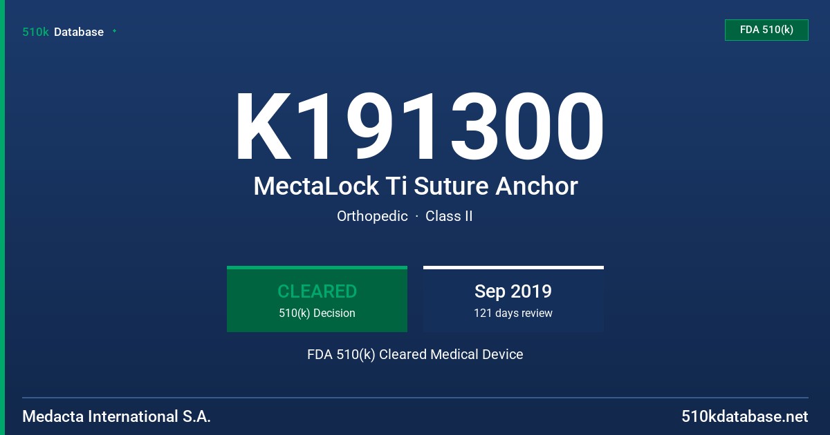 K191300 MectaLock Ti Suture Anchor FDA 510(k) Cleared Medical Device