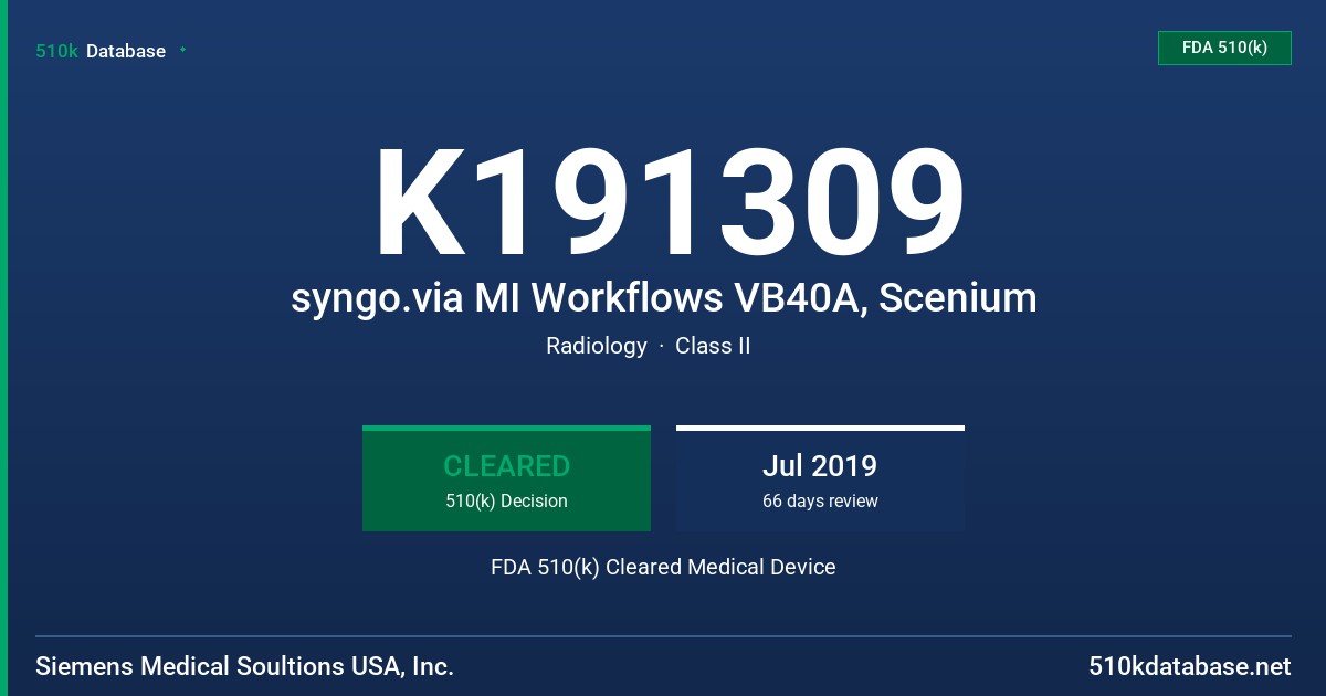 K191309 syngo.via MI Workflows VB40A, Scenium FDA 510(k) Cleared Medical Device