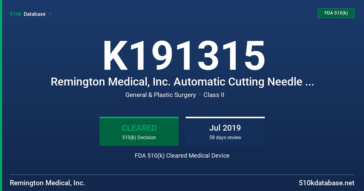 K191315 Remington Medical, Inc. Automatic Cutting Needle (NAC) FDA 510(k) Cleared Medical Device