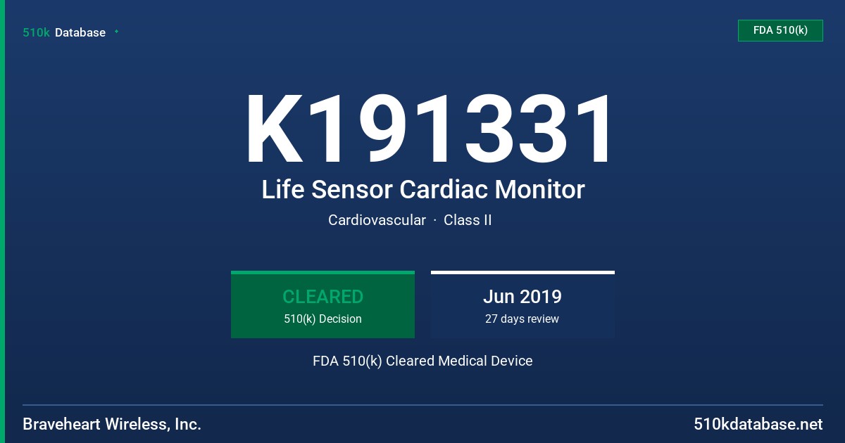 K191331 Life Sensor Cardiac Monitor FDA 510(k) Cleared Medical Device