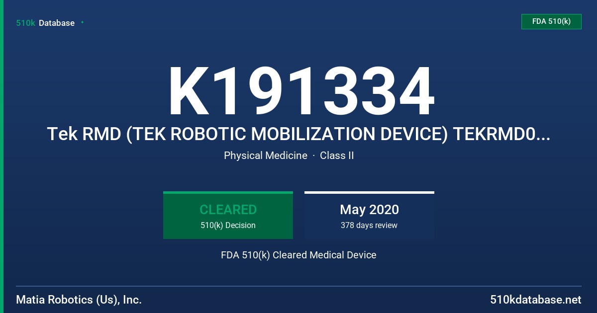 K191334 Tek RMD (TEK ROBOTIC MOBILIZATION DEVICE) TEKRMD02, TEKRMD03, TEKRMD04, TEKRMD04, TEKRMD05, TEKRMD06, TEKRMD07, TEKRMD08 FDA 510(k) Cleared Medical Device