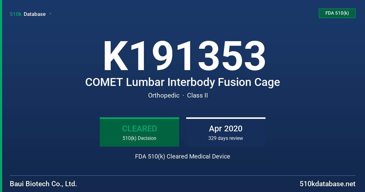 K191353 COMET Lumbar Interbody Fusion Cage FDA 510(k) Cleared Medical Device