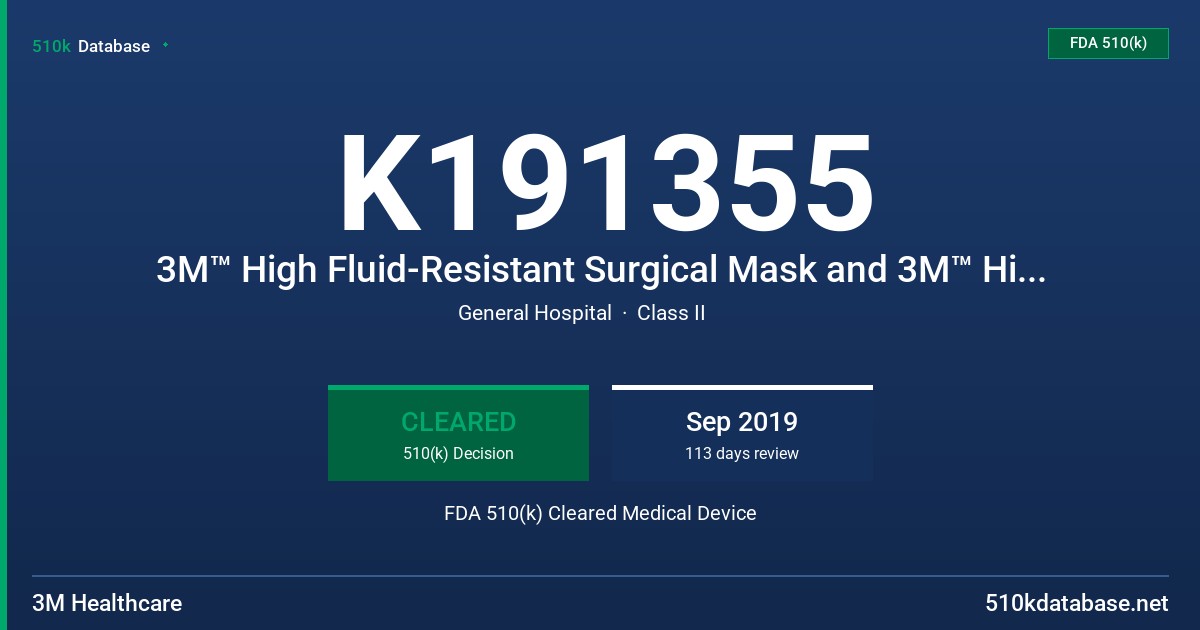 K191355 3M™ High Fluid-Resistant Surgical Mask and 3M™ High Fluid-Resistant Procedure Mask FDA 510(k) Cleared Medical Device