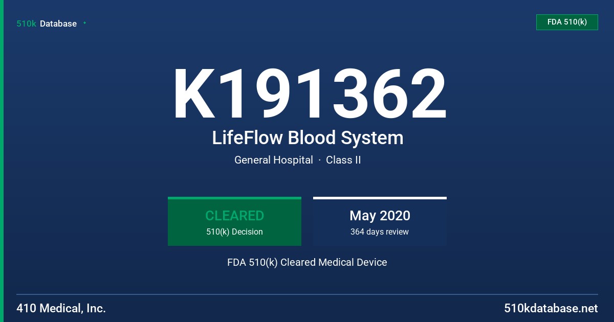 K191362 LifeFlow Blood System FDA 510(k) Cleared Medical Device