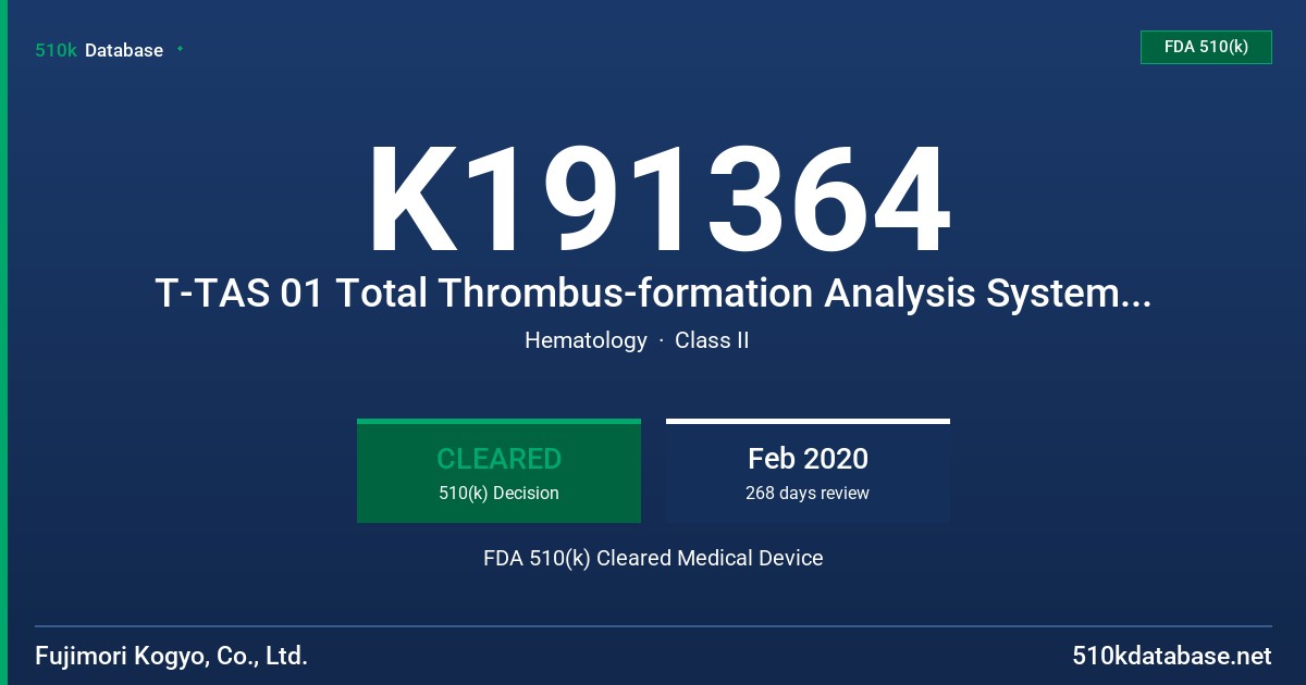 K191364 T-TAS 01 Total Thrombus-formation Analysis System Instrument, PL Chip for T-TAS 01, PL Chip Reservoir Set for T-TAS 01, BAPA tube for T-TAS 01 FDA 510(k) Cleared Medical Device