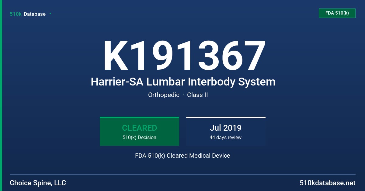 K191367 Harrier-SA Lumbar Interbody System FDA 510(k) Cleared Medical Device