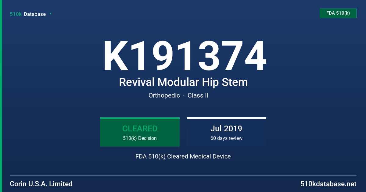 K191374 Revival Modular Hip Stem FDA 510(k) Cleared Medical Device