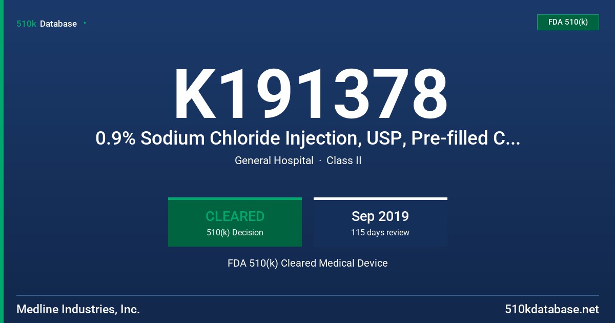 K191378 0.9% Sodium Chloride Injection, USP, Pre-filled COP Syringe FDA 510(k) Cleared Medical Device