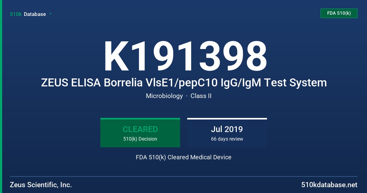 K191398 ZEUS ELISA Borrelia VlsE1/pepC10 IgG/IgM Test System FDA 510(k) Cleared Medical Device