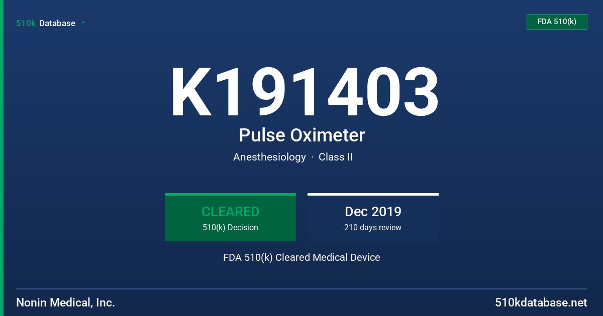 K191403 Pulse Oximeter FDA 510(k) Cleared Medical Device