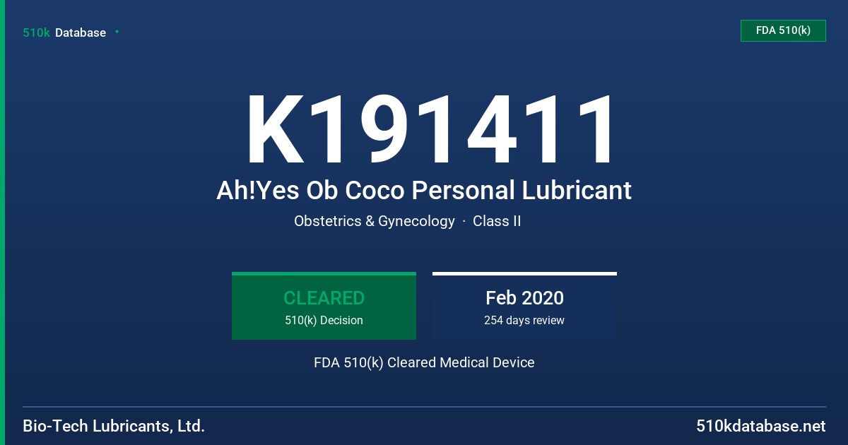 K191411 Ah!Yes Ob Coco Personal Lubricant FDA 510(k) Cleared Medical Device
