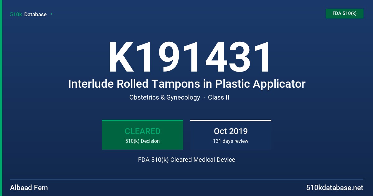 K191431 Interlude Rolled Tampons in Plastic Applicator FDA 510(k) Cleared Medical Device